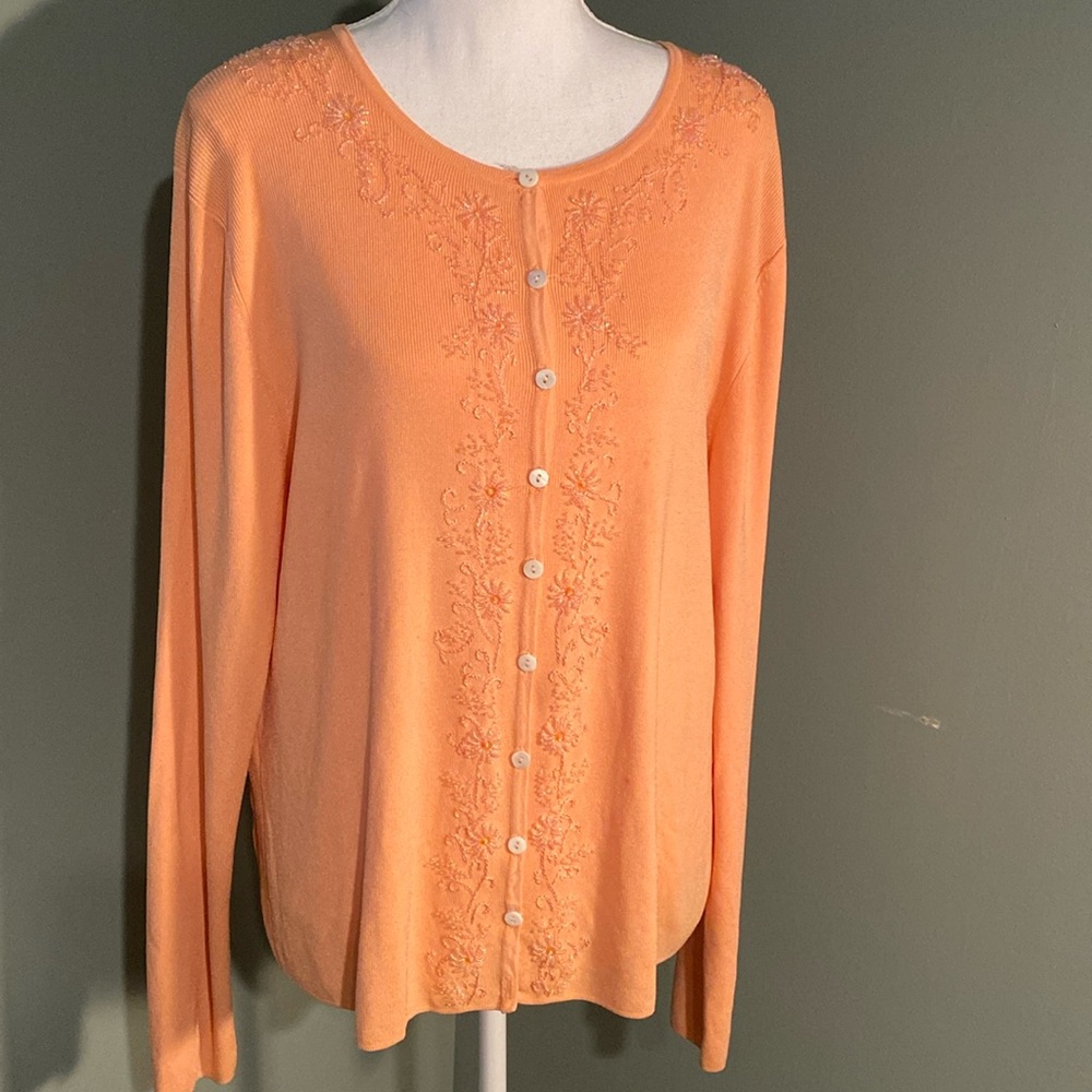 Pretty peach Debbie Morgan cardigan. Size XL.